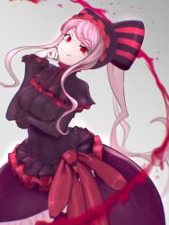 Rule 34 | 1girl, black bow, blood, blood splatter, bow, breast press, breasts, breasts squeezed together, closed mouth, dress, fangs, frilled dress, frills, gothic lolita, hair bow, highres, lolita fashion, long hair, looking at viewer, medium breasts, overlord (maruyama), pink bow, pink hair, purple dress, red eyes, shalltear bloodfallen, shokushi yuu, smile, solo, teeth, upper teeth only, vampire, white background