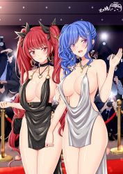 Rule 34 | 2girls, 6+boys, areola slip, azur lane, bag, bare arms, bare shoulders, belt, belt buckle, black choker, black dress, blue hair, breasts, buckle, camera, choker, cleavage, cocktail dress, collarbone, cowboy shot, dress, earrings, glint, hair ornament, hand up, handbag, heart, heart necklace, highres, honolulu (azur lane), hoop earrings, jewelry, large breasts, long hair, looking at viewer, multiple boys, multiple girls, necklace, no bra, paparazzi, pelvic curtain, ppshex, purple eyes, red eyes, red hair, revealing clothes, side ponytail, side slit, silver dress, sleeveless, sleeveless dress, st. louis (azur lane), st. louis (luxurious wheels) (azur lane), swept bangs, taking picture, thighs, twintails, very long hair, waving