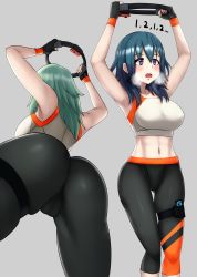 Rule 34 | 1girl, absurdres, alternate costume, arms up, ass, black gloves, black legwear, blue eyes, blue hair, blush, breasts, byleth (female) (fire emblem), byleth (fire emblem), fingerless gloves, fire emblem, fire emblem: three houses, from behind, gloves, green hair, grey background, gupunetsu, highres, holding, large breasts, multiple views, nintendo, open mouth, pants, ring-con, ring fit adventure, simple background, skin tight, sports bra, yoga pants