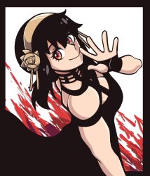Rule 34 | 1girl, black border, black dress, black hair, border, breasts, cleavage, commentary, dress, english commentary, from side, gold hairband, hairband, highres, kermittend, large breasts, looking at viewer, outside border, red eyes, solo, spy x family, toned, waving, yor briar