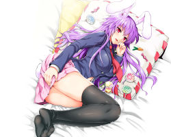 Rule 34 | 1girl, animal ears, bad id, bad pixiv id, black thighhighs, blazer, covering privates, covering ass, feet, feet together, jacket, kojima saya, long hair, lying, no shoes, on side, open mouth, purple hair, rabbit ears, rabbit girl, rabbit tail, reisen udongein inaba, soles, solo, tail, thighhighs, touhou