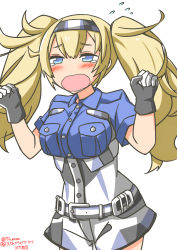 Rule 34 | 172cm, belt, belt buckle, blonde hair, blue eyes, blush, breast pocket, buckle, collared shirt, cowboy shot, flying sweatdrops, gambier bay (kancolle), gloves, headband, headgear, highres, kantai collection, open mouth, pocket, shirt, simple background, solo, standing, tagme, tearing up, tears, twintails, twitter username, white background
