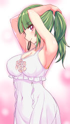 Rule 34 | 1girl, armpits, arms up, beatus creation, blunt bangs, breasts, cleavage cutout, closed mouth, clothing cutout, commentary, cougar (cougar1404), dress, green hair, groin, hair tie in mouth, halterneck, hands in hair, large breasts, long hair, looking at viewer, luifon (beatus creation), mouth hold, navel, ponytail, purple eyes, see-through, smile, solo, standing, tying hair, white dress
