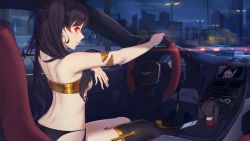 Rule 34 | 1girl, anklet, armlet, artoria pendragon (all), artoria pendragon (fate), aston martin, asymmetrical legwear, back, bare arms, bare back, bare legs, bare shoulders, bikini, black bikini, black hair, black panties, black ribbon, black socks, black thighhighs, blurry, breasts, car, car interior, character doll, chibi, cityscape, closed mouth, cockpit, crown, depth of field, driving, earrings, excalibur (fate/stay night), fate/grand order, fate (series), female focus, hair over shoulder, hair ribbon, highres, highway, holding, holding sword, holding weapon, hoop earrings, indoors, ishtar (fate), jewelry, kneehighs, lamborghini, lamborghini gallardo, langya beike, legs, lens flare, long hair, looking at viewer, looking back, lots of jewelry, motor vehicle, navel, neck ring, night, night sky, nissan, nissan gtr, no crown, panties, parted bangs, profile, red eyes, revealing clothes, ribbon, saber (fate), sidelocks, single kneehigh, single sock, single thighhigh, sitting, sky, small breasts, smile, socks, solo, strapless, sunglasses, swimsuit, sword, thighhighs, thighlet, tohsaka rin, tsurime, two side up, type-moon, underwear, uneven legwear, v-shaped eyebrows, vehicle, wavy hair, weapon