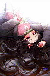 Rule 34 | 1girl, arm up, bamboo, bit gag, black hair, blurry, blurry background, blush, checkered sash, commentary request, depth of field, fingernails, forehead, gag, grey background, hair ribbon, highres, japanese clothes, kamado nezuko, kimetsu no yaiba, kimono, long fingernails, long hair, long sleeves, lunia, mouth hold, nail polish, obi, open clothes, pink kimono, pink nails, pink ribbon, red eyes, ribbon, sash, sleeves past wrists, solo, very long hair, wide sleeves