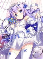 Rule 34 | 1girl, :o, alternate costume, azur lane, bare shoulders, blue bow, blue flower, blue rose, blush, bow, bow panties, breasts, bridal veil, choker, clothes lift, cowboy shot, cross, detached sleeves, dot nose, dress, dress lift, eyebrows, eyes visible through hair, facing away, flower, fujima takuya, hair bun, hair flower, hair ornament, hair ribbon, head tilt, heart, heart choker, jewelry, lace, lace-trimmed dress, lace trim, legs apart, lifted by self, long hair, long sleeves, looking at viewer, midriff, open mouth, panties, petals, purple bow, purple eyes, purple hair, ribbon, ring, rose, see-through, side bun, single hair bun, single side bun, sleeves past wrists, small breasts, solo, sparkle, standing, strapless, strapless dress, stuffed winged unicorn, tareme, thighhighs, tiara, twitter username, underwear, unicorn, unicorn (azur lane), veil, wedding band, wedding dress, white choker, white dress, white panties, white ribbon, white thighhighs
