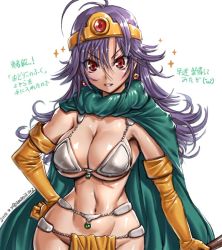 Rule 34 | 1girl, amania orz, breasts, cape, circlet, cleavage, dancer&#039;s costume (dq), dragon quest, dragon quest iii, dragon quest iv, elbow gloves, gloves, large breasts, long hair, looking at viewer, navel, purple hair, red eyes, sage (dq3), simple background, smile, solo, white background