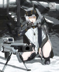 Rule 34 | 1girl, anti-materiel rifle, barcode, candy, candy bar, candy wrapper, eating, food, glaze artifacts, glowing, goddess of victory: nikke, gun, highres, jacket, looking at viewer, product placement, rifle, science fiction, scope, snickers (brand), sniper rifle, snow, snow white (nikke), solo, squatting, tom-neko (zamudo akiyuki), weapon, white hair, white jacket, yellow eyes
