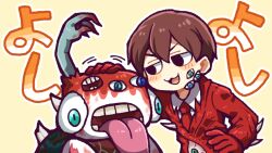 Rule 34 | 1boy, black eyes, blue eyes, brown hair, collared shirt, commentary request, employee (project moon), extra eyes, gloves, green eyes, hand on own hip, hatake shimeji, jacket, lobotomy corporation, long sleeves, necktie, nothing there, open mouth, project moon, red gloves, red jacket, red necktie, shirt, short hair, smile, translation request, white shirt, yellow background