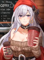 Rule 34 | 1girl, azur lane, bare shoulders, belfast (azur lane), belfast (shopping with the head maid) (azur lane), blue eyes, blue sealad, breasts, cafe, choker, cleavage, coffee, coffee cup, cup, disposable cup, earrings, english text, grey hair, hammann (azur lane), hat, highres, hoop earrings, jewelry, large breasts, long hair, looking at viewer, off-shoulder sweater, off shoulder, official alternate costume, single earring, sweater