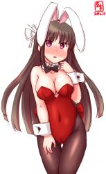 Rule 34 | 1girl, alternate costume, animal ears, artist logo, bikini, black bow, black bowtie, black hair, blush, bow, bowtie, breasts, cameltoe, cleft of venus, commentary request, dated, detached collar, fake animal ears, gluteal fold, hair ribbon, highres, hiyou (kancolle), kanon (kurogane knights), kantai collection, leotard, long hair, medium breasts, pantyhose, playboy bunny, purple eyes, rabbit ears, red leotard, ribbon, simple background, solo, standing, strapless, strapless leotard, swimsuit, thigh gap, white background, wrist cuffs