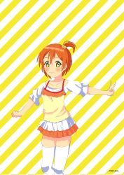 Rule 34 | 1girl, alternate hairstyle, artist name, artist request, bare shoulders, blush, breasts, brown hair, camisole, clenched hand, collarbone, female focus, green eyes, hair between eyes, hair bobbles, hair ornament, highres, hoshizora rin, layered skirt, looking at viewer, love live!, love live! school idol festival, love live! school idol project, miniskirt, orange hair, orange skirt, parted lips, plaid, plaid skirt, pleated, pleated skirt, puffy short sleeves, puffy sleeves, shirt, short hair, short sleeves, side ponytail, skirt, sleeves past elbows, small breasts, smile, solo, striped, striped background, v, white legwear, white shirt, white skirt, yellow eyes