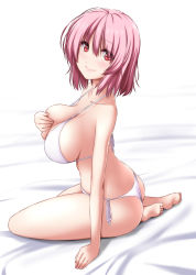 Rule 34 | 1girl, ass, barefoot, bed sheet, bikini, blush, breasts, commentary request, from side, hair between eyes, halterneck, highres, large breasts, looking at viewer, no headwear, nori tamago, pink hair, red eyes, saigyouji yuyuko, short hair, side-tie bikini bottom, simple background, sitting, smile, solo, strap gap, string bikini, swimsuit, thighs, touhou, white background, white bikini, yokozuwari