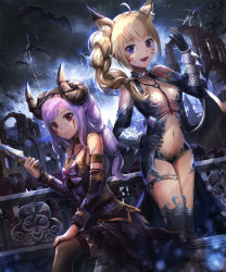 Rule 34 | 2girls, :d, ahoge, animal ears, armband, bad id, bad pixiv id, bare shoulders, bat (animal), bat wings, black dress, black gloves, black legwear, blonde hair, blue eyes, bow, breasts, brown choker, brown legwear, choker, closed mouth, cloud, collarbone, commentary, dark clouds, demon girl, detached sleeves, dress, dutch angle, elbow gloves, expressionless, facial mark, fangs, gem, gloves, hairband, hand on own hip, hand on own thigh, hand up, highres, holding, horns, jewelry, lightning, long hair, looking at viewer, looking to the side, low wings, lunacle, multiple girls, navel, necklace, open mouth, original, outdoors, parted bangs, pointy ears, purple bow, purple eyes, purple hair, railing, red eyes, revealing clothes, ruins, sheep horns, short dress, side ponytail, sidelocks, sitting, skull necklace, small breasts, smile, spikes, standing, stomach, strapless, strapless dress, striped, striped bow, thigh strap, thighhighs, vambraces, whisker markings, wings