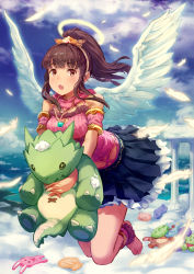 Rule 34 | 1girl, :o, angel, angel wings, bad id, bad pixiv id, barefoot, barefoot sandals (jewelry), blue skirt, brown eyes, brown hair, carrying, cloud, day, feathers, frills, halo, highres, jewelry, kusano shinta, long hair, lots of jewelry, md5 mismatch, monster, original, pendant, pillar, pleated skirt, ponytail, scarf, skirt, sleeveless, solo, stuffed animal, stuffed toy, tiara, toes, white wings, wings