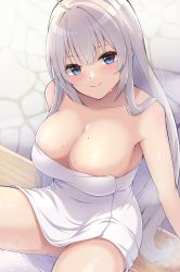 Rule 34 | 1girl, alternate hairstyle, b.c, bare arms, bare shoulders, blue eyes, blush, breasts, cleavage, closed mouth, collarbone, highres, kizuna akari, large breasts, long hair, looking at viewer, mole, mole on breast, naked towel, silver hair, sitting, smile, solo, steam, stone floor, straight hair, sweat, towel, very long hair, vocaloid, voiceroid