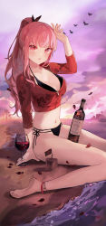 Rule 34 | 1girl, absurdres, alternate costume, anklet, barefoot, between thighs, bikini, bikini under clothes, bird, black bikini, blush, bottle, breasts, cleavage, crop top, cup, drinking glass, falling petals, flag, hair ribbon, hand up, happyongdal, highres, hololive, hololive english, jewelry, large breasts, long hair, long sleeves, looking at viewer, mori calliope, navel, no pants, palm tree, parted lips, petals, pink eyes, pink hair, ponytail, red shirt, ribbon, sand, sand castle, sand sculpture, shirt, sidelocks, sitting, sky, solo, sunset, swimsuit, thighs, tree, v-shaped eyebrows, virtual youtuber, wariza, water, wine bottle, wine glass, zipper pull tab