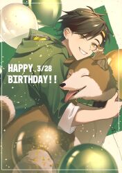 Rule 34 | 1boy, animal, animal hug, balloon, black hair, border, character name, collar, dog, goggles, green background, green collar, green jumpsuit, hair ornament, hair over one eye, hairclip, hamster, happy birthday, highres, hood, hood down, hooded jumpsuit, jumpsuit, kagerou project, looking at viewer, looking to the side, male focus, mokemoke chan, open mouth, seto kousuke, sleeves past elbows, smile, solo, teeth, tongue, tongue out, two-tone background, upper body, white background, white border, yellow eyes