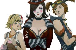 Rule 34 | 3girls, bandages, bandaid, bandaid on face, bandaid on nose, blonde hair, blouse, blue eyes, borderlands (series), borderlands 1, borderlands 2, breast envy, breast tattoo, breasts, brown hair, cleavage, collared dress, crossed arms, dress, earrings, frown, gaige, gb (doubleleaf), gloves, green eyes, hair over one eye, half-closed eyes, hat, heart, heart tattoo, jewelry, long hair, mad moxxi, mask, mechanical arms, multiple girls, neck ring, necklace, one eye covered, orange shirt, red hair, runny makeup, shirt, simple background, single mechanical arm, standing, striped clothes, striped dress, swept bangs, tattoo, tiny tina, top hat, twintails, v-shaped eyebrows, vertical-striped clothes, vertical-striped dress, white background