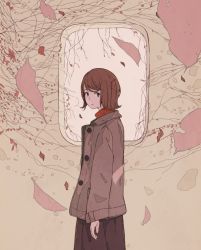 Rule 34 | 1girl, 456, autumn, brown hair, coat, flat color, leaf, looking at viewer, looking to the side, original, short hair, skirt, solo, turtleneck, winter clothes, winter coat