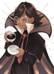 1boy black_hair cookie_run cookie_run:_kingdom dark-skinned_male dark_skin espresso_(drink) espresso_cookie eyelashes high_collar highres holding holding_plate humanization long_sleeves male_focus necktie plate rami_rz red_necktie round_eyewear short_hair simple_background solo steam white_background