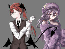 Rule 34 | 2girls, alternate costume, black neckwear, black wings, closed eyes, collared shirt, crescent, crescent pin, demon tail, glasses, gloves, grey background, hair between eyes, hands up, hat, head wings, highres, koakuma, long hair, low wings, mob cap, multiple girls, necktie, off-shoulder, off-shoulder sweater, off shoulder, patchouli knowledge, ponytail, purple hair, purple hat, purple sweater, red eyes, red hair, ribbed sweater, shirt, simple background, sleeves past wrists, sweater, tail, touhou, trap (drthumt), upper body, vest, white gloves, white shirt, wing collar, wings
