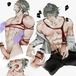 Rule 34 | 1boy, abs, ahoge, alhaitham (genshin impact), arms behind back, bar censor, bdsm, black pants, blindfold, blush, bondage, bound, censored, collared shirt, cum, ejaculation, erection, eriimyon, finger to mouth, genshin impact, grey hair, grey shirt, hair over one eye, highres, large pectorals, loose necktie, male focus, moaning, multiple views, muscular, muscular male, necktie, nipples, nude, open clothes, pants, parted lips, pectorals, penis, red necktie, saliva, shirt, simple background, speech bubble, spread legs, striped clothes, striped shirt, sweat, sweatdrop, swept bangs, tongue, tongue out, twitter username, veins, veiny penis, white background, white blindfold