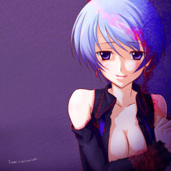 Rule 34 | 00s, 1girl, bare shoulders, blue hair, breasts, chaos;head, cleavage, earrings, english text, jewelry, kishimoto ayase, looking at viewer, purple eyes, robber-krzk, short hair, smile, solo