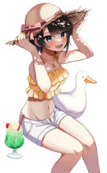 Rule 34 | 1girl, :d, bad id, bad pixiv id, bird, black hair, blue eyes, blush, breasts, brown hat, cherry, commentary request, crop top, cup, drink, drinking glass, drinking straw, duck, feet out of frame, food, fruit, hands on headwear, hat, highres, hololive, knees together feet apart, medium breasts, midriff, moonbell, nail polish, navel, oozora subaru, open mouth, shirt, short hair, short shorts, shorts, simple background, sitting, sleeveless, sleeveless shirt, smile, solo, straw hat, sun hat, teeth, upper teeth only, virtual youtuber, white background, white shorts, yellow nails, yellow shirt