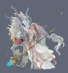 Rule 34 | 1girl, breasts, cleavage, creature, dragon, dress, fantasy, feet, floating hair, flower, half-skirt, highres, horse, long hair, long skirt, midriff, navel, petals, pink flower, pink hair, pink rose, qilin (mythology), ribbon, rose, rose petals, shoes, simple background, skirt, solo, staff, thighhighs, toeless footwear, wand, white dress, yangqi