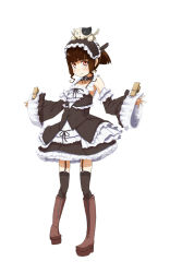 Rule 34 | 1girl, black dress, boots, brown hair, chiwino, clothes pin, detached sleeves, dress, earrings, frilled dress, frills, garter straps, gothic lolita, hairband, highres, jewelry, knee boots, legs, lolita fashion, lolita hairband, looking at viewer, object on head, original, platform footwear, ponytail, red eyes, sidelocks, simple background, solo, standing, stuffed animal, stuffed toy, thighhighs, white background, zettai ryouiki