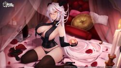 Rule 34 | 1girl, aegir (azur lane), alternate costume, azur lane, bed, black footwear, black gloves, black panties, black thighhighs, bottle, box, box of chocolates, breast curtains, breast hold, breasts, candle, canopy bed, cleavage, commentary, corset, cross, cross earrings, cup, curtains, demon horns, double-parted bangs, drinking glass, earrings, elbow gloves, english commentary, flower, full body, fur pillow, gloves, grin, hair between eyes, hair on horn, heart-shaped box, high heels, highres, horns, iron cross, jewelry, large breasts, logo, long hair, looking at viewer, magister, mask, multicolored hair, official art, orange eyes, panties, pillow, red hair, rose, second-party source, sitting, sleep mask, sleeveless, smile, solo, streaked hair, thighhighs, tray, two-tone hair, underwear, unworn mask, valentine, very long hair, wariza, watermark, white hair, wine bottle, wine glass