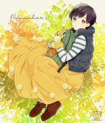 Rule 34 | 1girl, androgynous, arm warmers, autumn, backpack, bag, black hair, boots, brown eyes, fingerless gloves, full body, gloves, holding, holding bag, jacket, leaf, loafers, long skirt, long sleeves, looking at viewer, mosuko, november, open clothes, open vest, shoelaces, shoes, short hair, skirt, solo, striped, striped sleeves, vest, yellow skirt