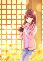 Rule 34 | 1girl, :d, backlighting, blue pants, brown hair, camera, collarbone, commentary request, cowboy shot, drawstring, flower, hands up, highres, holding, holding camera, hood, hood down, hooded jacket, jacket, jewelry, lens flare, long hair, long sleeves, looking at viewer, nagidango, open clothes, open jacket, open mouth, original, pants, pink jacket, plant, purple shirt, ring, shirt, smile, solo, standing, sunflower, wedding band, yellow eyes