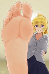 Rule 34 | 1girl, barefoot, blonde hair, blue eyes, feet, grin, highres, long hair, looking at viewer, ponytail, pov, smile, soles, syozin size, toes