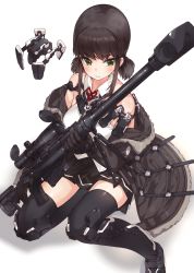 Rule 34 | 1girl, armor, bare shoulders, black gloves, black hair, black skirt, black thighhighs, blush, boots, brown coat, coat, collared shirt, drone, fur trim, gloves, green eyes, gun, holding, holding gun, holding weapon, kfr, long sleeves, low twintails, off shoulder, on one knee, open clothes, open coat, original, pleated skirt, red neckwear, red ribbon, revision, ribbon, rifle, scope, shirt, short hair, simple background, skirt, sleeveless, sleeveless shirt, sniper rifle, solo, thighhighs, twintails, weapon, white background, white shirt, wing collar