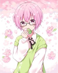 Rule 34 | 1girl, androgynous, blush, cherry blossoms, collared shirt, commission, eating, fang, flower, food, glasses, hair flower, hair ornament, highres, holding, holding food, imminent bite, kokoshira 0510, long sleeves, looking at viewer, neck ribbon, open mouth, original, petals, pink eyes, pink hair, ribbon, sakura mochi, shirt, short hair, skeb commission, solo, sweater vest, wagashi