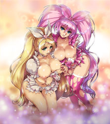 Rule 34 | 10s, 2girls, blonde hair, blue eyes, bow, breasts, choker, cure melody, cure rhythm, earrings, eyelashes, green eyes, hair bow, heart, hisahiko, houjou hibiki, jewelry, large breasts, long hair, magical girl, minamino kanade, multiple girls, nipples, pink bow, pink hair, ponytail, precure, suite precure, thighhighs, torn clothes, torn legwear, twintails, very long hair, white choker