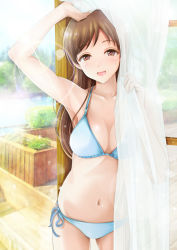 Rule 34 | 1girl, :d, arm up, bare arms, bare shoulders, bikini, blue bikini, blue ribbon, blush, breasts, brown eyes, brown hair, bush, cleavage, collarbone, cowboy shot, curtains, day, garden, halterneck, has bad revision, has cropped revision, idolmaster, idolmaster cinderella girls, kasumi seiki, lens flare, long hair, looking at viewer, medium breasts, navel, nitta minami, open mouth, plant, potted plant, rainbow, revision, ribbon, side-tie bikini bottom, smile, solo, standing, stomach, string bikini, sunlight, swimsuit, tareme, traditional media, transparent, water, window, wooden floor