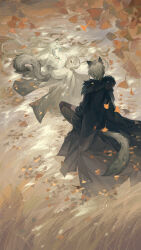 Rule 34 | 1boy, 1girl, absurdres, animal ears, arknights, autumn leaves, black cloak, black gloves, brother and sister, cat, chinese commentary, cloak, closed eyes, closed mouth, facing another, falling leaves, fur-trimmed cloak, fur trim, ginkgo leaf, gloves, grass, grey fur, grey hair, grey sash, grey tail, highres, japanese clothes, kimono, leaf, leopard boy, leopard ears, leopard girl, leopard tail, light particles, long hair, long sleeves, lying, nayannayan, on side, pramanix (arknights), profile, short hair, siblings, silverash (arknights), sitting, sleeping, sleeping animal, standing, tail, wheat, white kimono