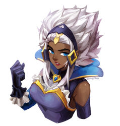 Rule 34 | 1girl, artist name, battle queen rell, blue eyes, breasts, clenched hand, cropped torso, dark-skinned female, dark skin, gloves, hairstyle request, headpiece, league of legends, lipstick, looking at viewer, makeup, medium breasts, rell (league of legends), sidelocks, simple background, solo, vmat, white background, white hair