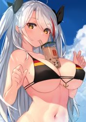 Rule 34 | 1girl, absurdres, anchor symbol, azur lane, bare shoulders, bikini, black bikini, black choker, blue sky, blush, breasts, bubble tea, bubble tea challenge, choker, cup, day, disposable cup, drink, drinking, drinking straw, flag print, german flag bikini, hands up, highres, large breasts, long hair, looking at viewer, mole, mole on breast, multicolored hair, navel, object on breast, outdoors, prinz eugen (azur lane), prinz eugen (unfading smile) (azur lane), ribbon, sidelocks, silver hair, sky, solo, stomach, streaked hair, swimsuit, two side up, u ronnta, very long hair
