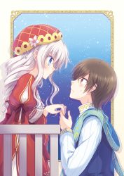 Rule 34 | 1boy, 1girl, balcony, blue eyes, brown hair, charlotte (anime), cosplay, dress, eye contact, hat, highres, hood, juliet capulet, juliet capulet (cosplay), kousetsu, long hair, looking at another, otosaka yuu, red dress, red eyes, romeo and juliet, romeo montague, romeo montague (cosplay), silver hair, tomori nao