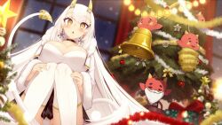 Rule 34 | 1girl, :o, black choker, blurry, blurry background, breasts, choker, christmas, christmas tree, cleavage, cluseller, dutch angle, earrings, food-themed hair ornament, hair ornament, highres, horns, indie virtual youtuber, jewelry, knees together feet apart, large breasts, long hair, looking at viewer, oni, oni horns, onigiri (vtuber), onigiri hair ornament, panties, snowflake earrings, squatting, tail, underwear, virtual youtuber, white hair, white panties, yellow eyes, yellow horns, yellow tail
