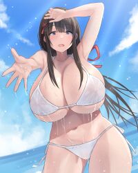 Rule 34 | 1girl, absurdres, arm up, armpits, beach, bikini, blush, bow, breasts, brown hair, cameltoe, cleavage, cloud, collarbone, cowboy shot, curvy, dutch angle, hair bow, hair ornament, highres, huge breasts, lactation, lactation through clothes, long hair, looking at viewer, natsuishi nana, navel, nipples, ocean, original, outdoors, outstretched hand, parted lips, purple eyes, see-through, sidelocks, solo, standing, swimsuit, thick thighs, thighs, wet, white bikini, wide hips
