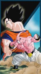 Rule 34 | after fight, angry, dragon ball, fighting stance, from behind, highres, majin buu, muscular, muscular male, potential unleashed, scratches, serious, son gohan, super buu, sweat, tagme, ultimate gohan
