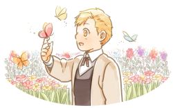 Rule 34 | 1boy, :d, alphonse elric, arm at side, beige coat, blonde hair, blue butterfly, blue flower, brown neckwear, brown vest, bug, butterfly, butterfly on hand, chibi, coat, collared shirt, cropped torso, eyelashes, facing away, field, fingernails, flower, flower field, formal, fullmetal alchemist, hand up, happy, index finger raised, insect, leaf, light blush, looking afar, male focus, necktie, open clothes, open coat, open mouth, orange butterfly, outline, oval background, pai (1111), pink butterfly, pink flower, profile, purple flower, red flower, shaded face, shirt, simple background, smile, swept bangs, tareme, vest, white background, white outline, white shirt, yellow butterfly, yellow eyes, yellow flower