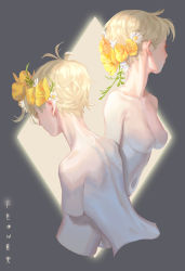 Rule 34 | 1boy, 1girl, back, blonde hair, collarbone, commentary, cropped arms, cropped torso, dayoungbyun, diamond (shape), dimples of venus, english text, facing away, flower, flower on head, from behind, grey background, hair flower, hair ornament, highres, navel, no nipples, nude, original, short hair, shoulder blades, upper body, white flower, yellow flower