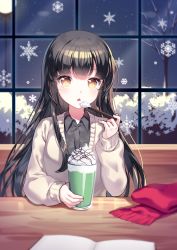 Rule 34 | 1girl, bare tree, black hair, black shirt, blush, brown eyes, brown sweater, collared shirt, commentary request, cup, dress shirt, drinking glass, fringe trim, highres, holding, indoors, lamppost, long hair, long sleeves, looking at viewer, mechuragi, night, night sky, original, parted lips, red scarf, scarf, unworn scarf, shirt, sky, sleeves past wrists, snow, snowflakes, solo, sweater, table, tree, very long hair, whipped cream, window, winter