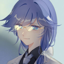Rule 34 | 1girl, black shirt, blue background, blue eyes, blue hair, chain, closed mouth, coat, collared shirt, eyewear strap, fu hua, glasses, gradient background, hair ornament, honkai (series), honkai impact 3rd, light particles, light smile, long hair, looking at viewer, necktie, portrait, shirt, solo, white coat, white shirt, wing collar